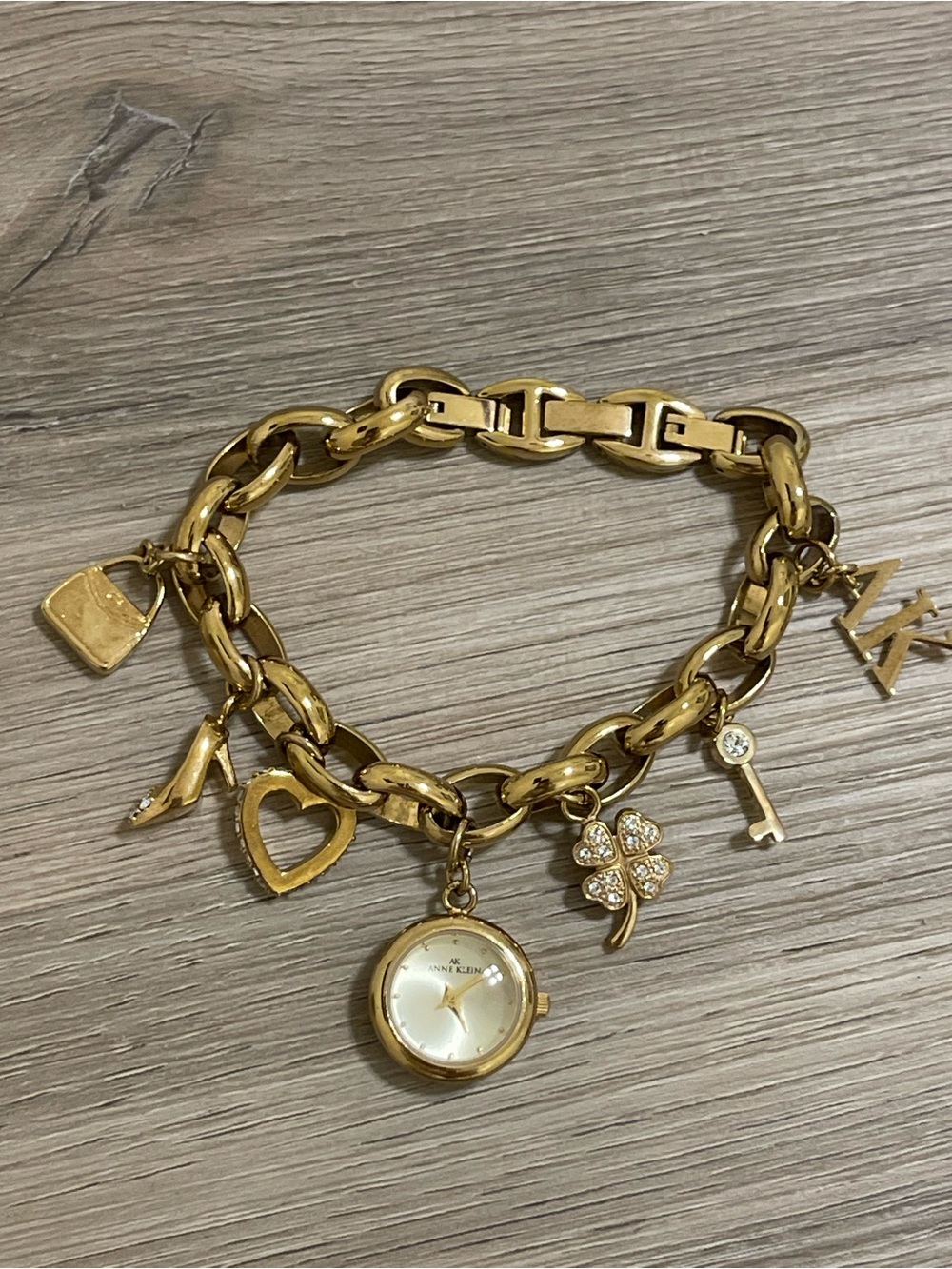 Vintage Anne Klein Y2K Gold Charm Bracelet Watch - Crystal Accents 10/7604CHRM